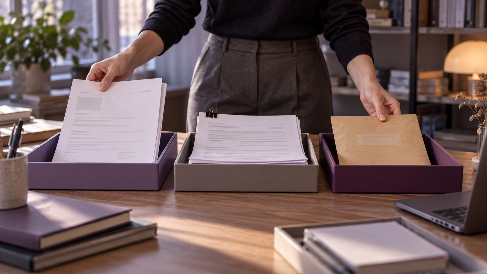 Researcher separating consent records, transcripts and a code-key envelope