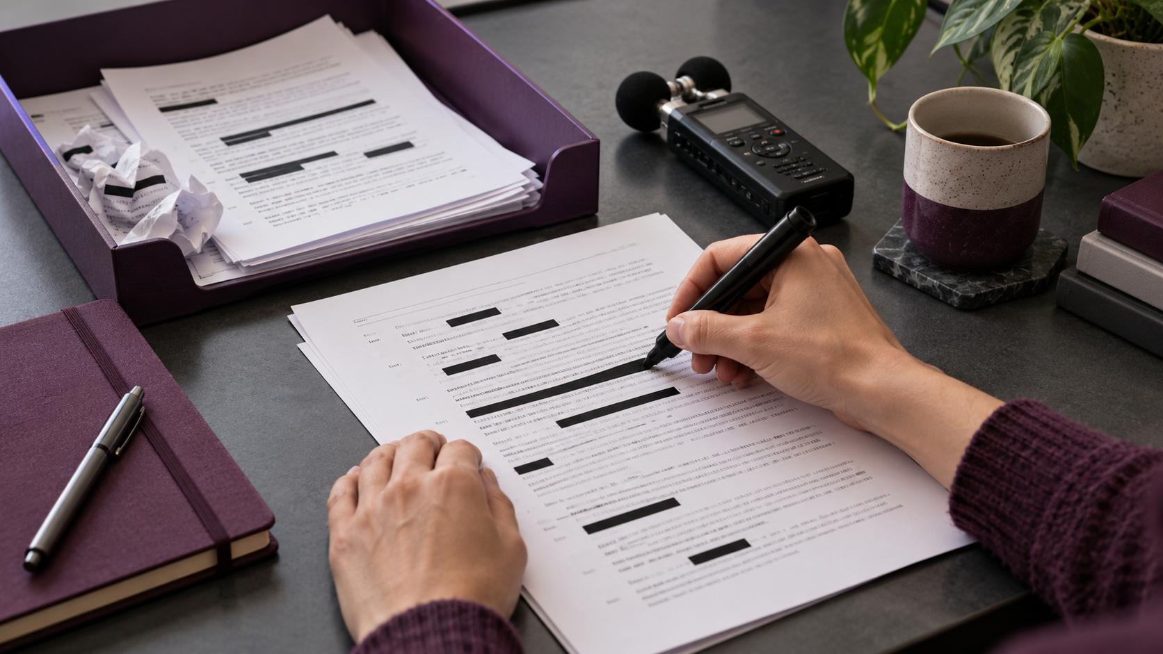 Hands redacting identifying details from a qualitative research transcript