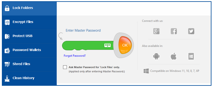 Folder Lock interface showing the master-password entry screen