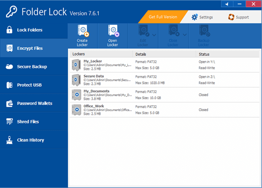 Legacy Folder Lock encrypted-locker list interface