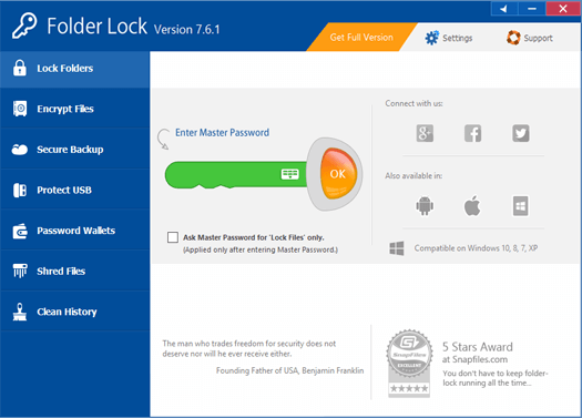 Legacy Folder Lock main interface with feature navigation