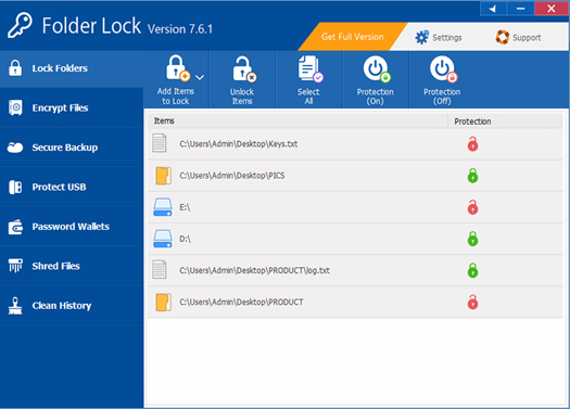 Legacy Folder Lock protect-files interface with item controls
