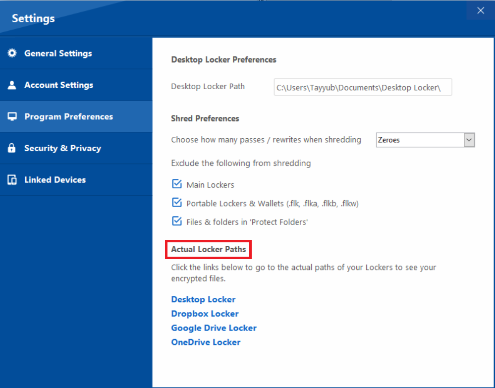 Supplied Folder Lock settings interface showing locker-path preferences