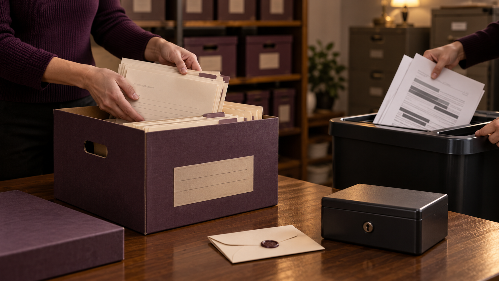 Hands archiving pseudonymized transcripts while obsolete drafts are destroyed