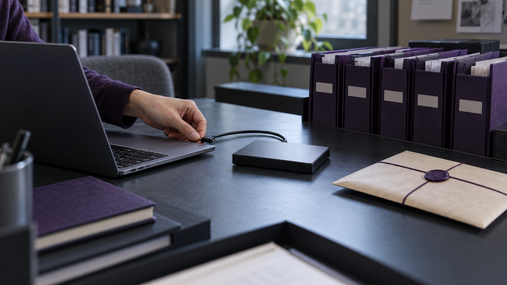 Hands connecting an archive drive while a code-key envelope remains separate