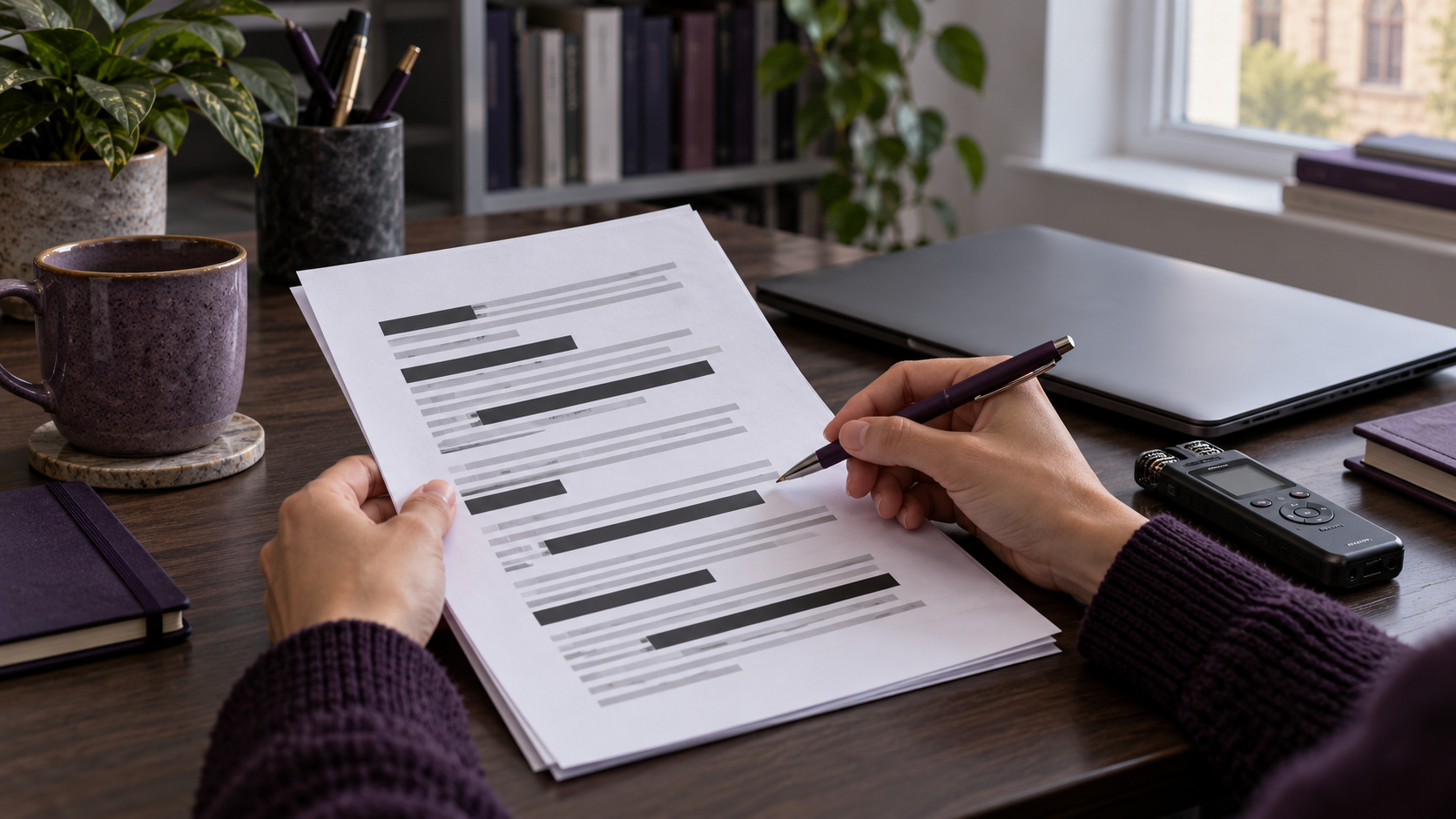 Researcher hands reviewing a pseudonymized interview transcript beside an audio recorder
